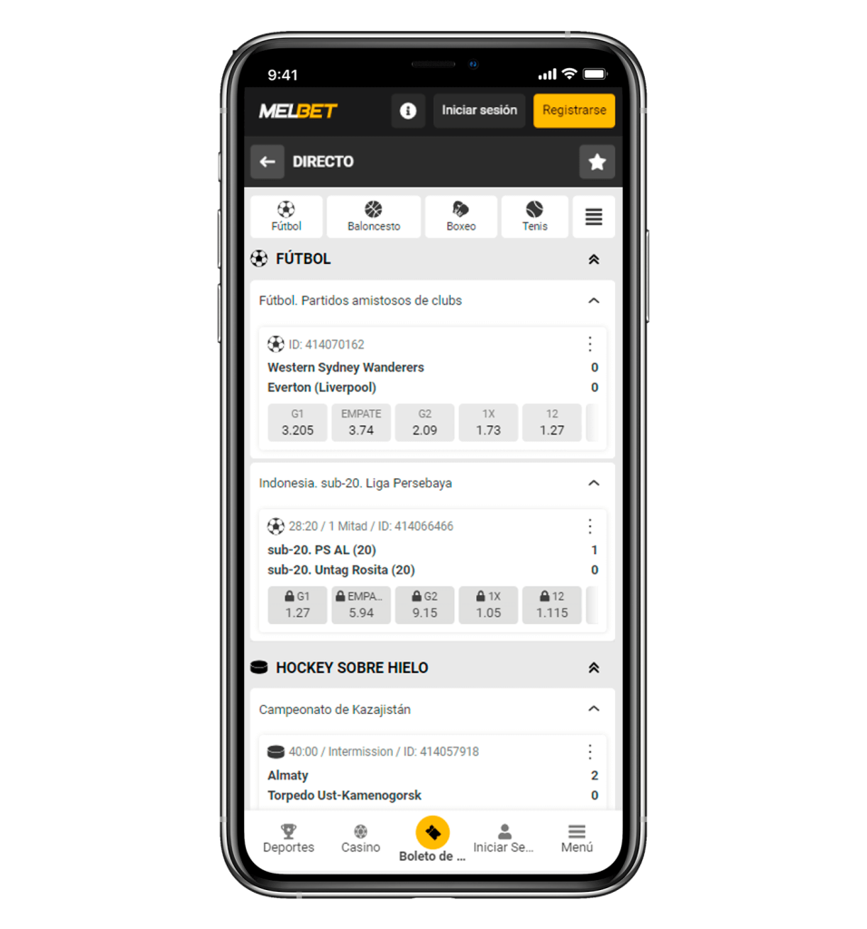 Menu app MelBet